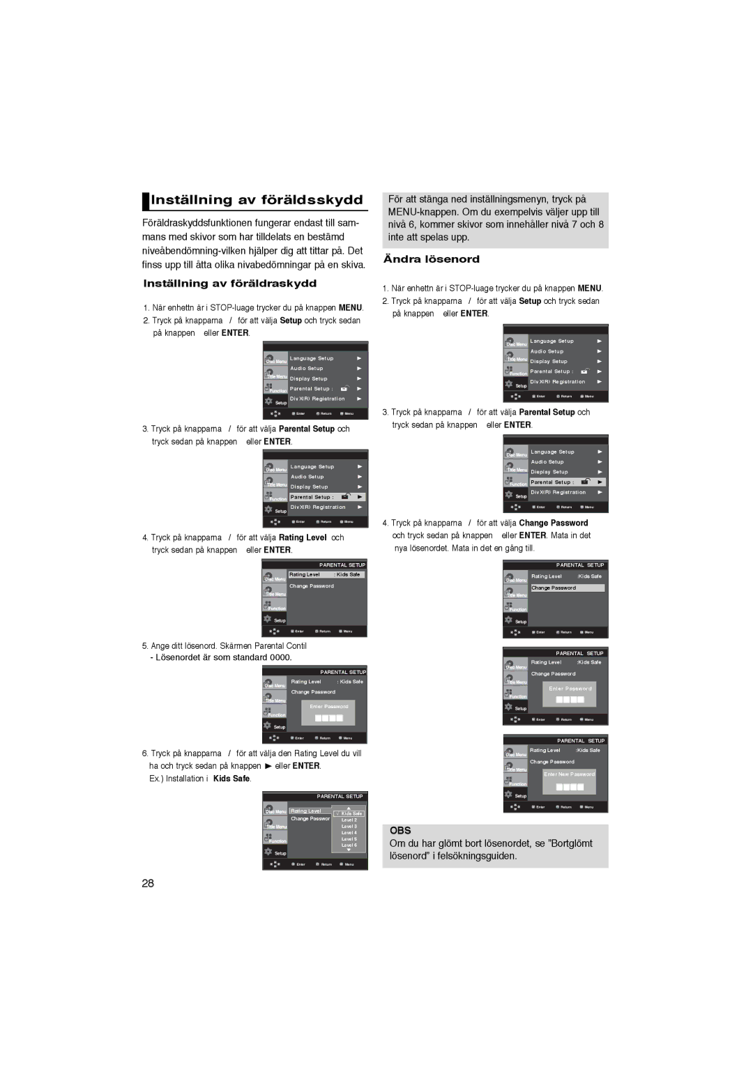 Samsung DVD-P365/XEE manual Inställning av föräldsskydd, Inställning av föräldraskydd, Ändra lösenord 