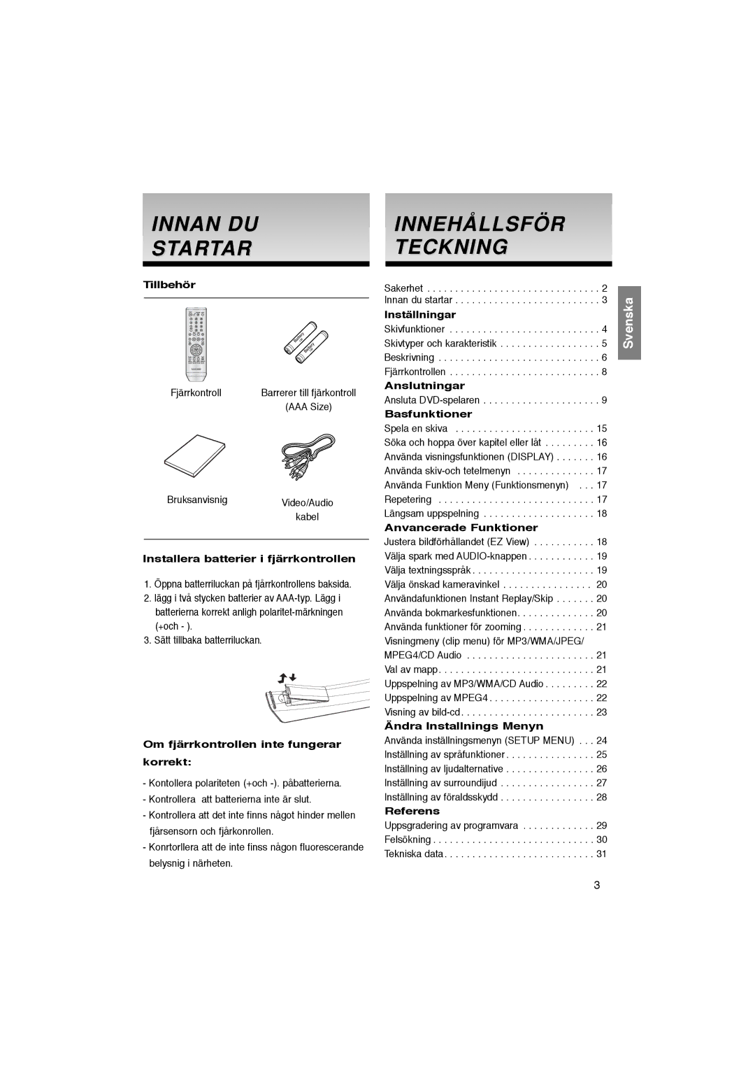 Samsung DVD-P365/XEE manual Innan DU Startar, Innehållsför Teckning 