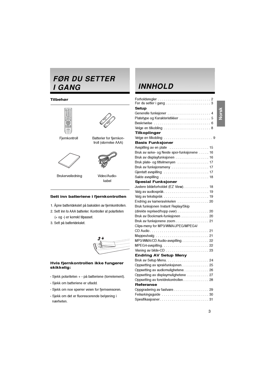 Samsung DVD-P365/XEE manual FØR DU Setter I Gang, Innhold 