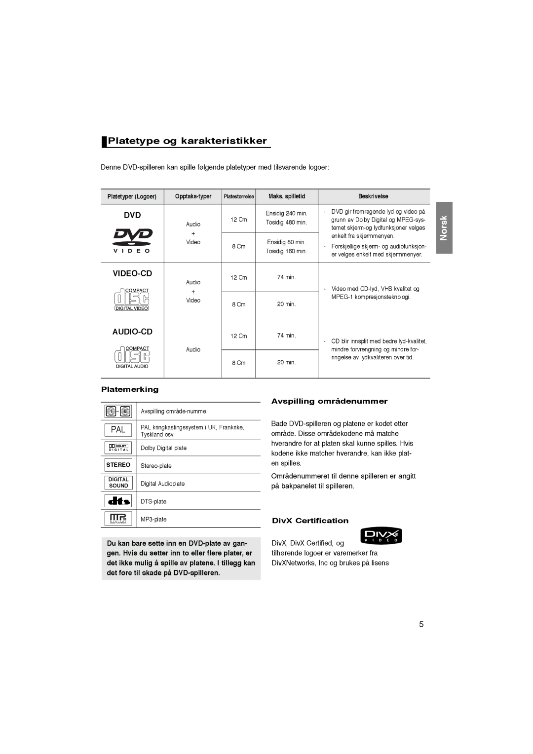 Samsung DVD-P365/XEE manual Platetype og karakteristikker, Platemerking, Avspilling områdenummer, DivX Certification 