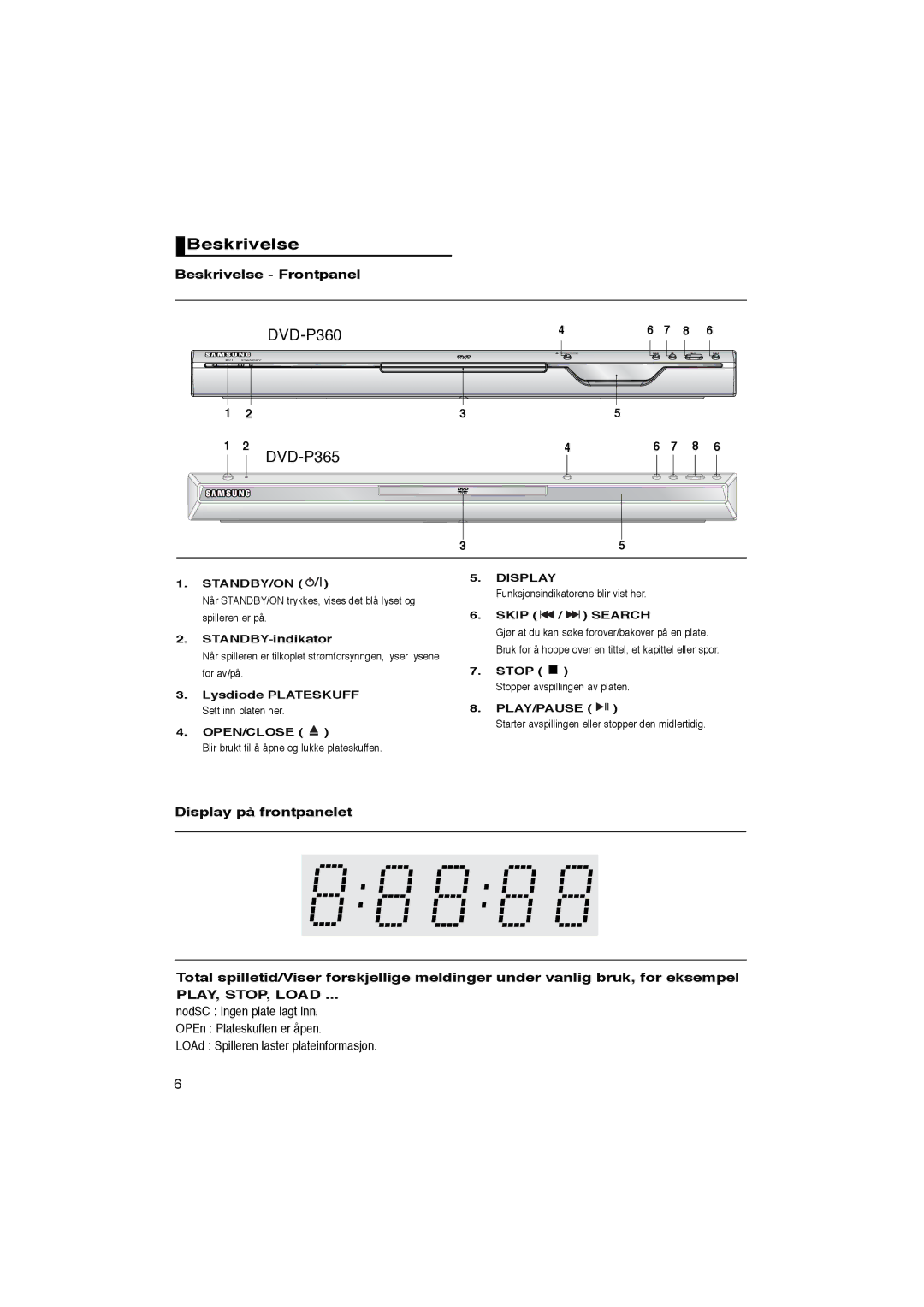 Samsung DVD-P365/XEE manual Beskrivelse Frontpanel, Lysdiode Plateskuff Sett inn platen her OPEN/CLOSE 