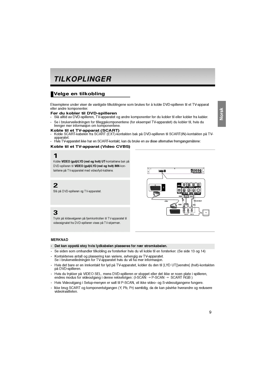 Samsung DVD-P365/XEE Tilkoplinger, Velge en tilkobling, Før du kobler til DVD-spilleren, Koble til et TV-apparat Scart 