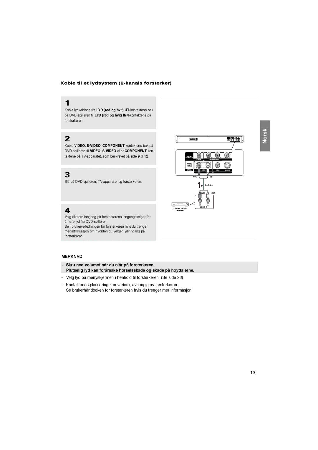 Samsung DVD-P365/XEE manual Koble til et lydsystem 2-kanals forsterker 