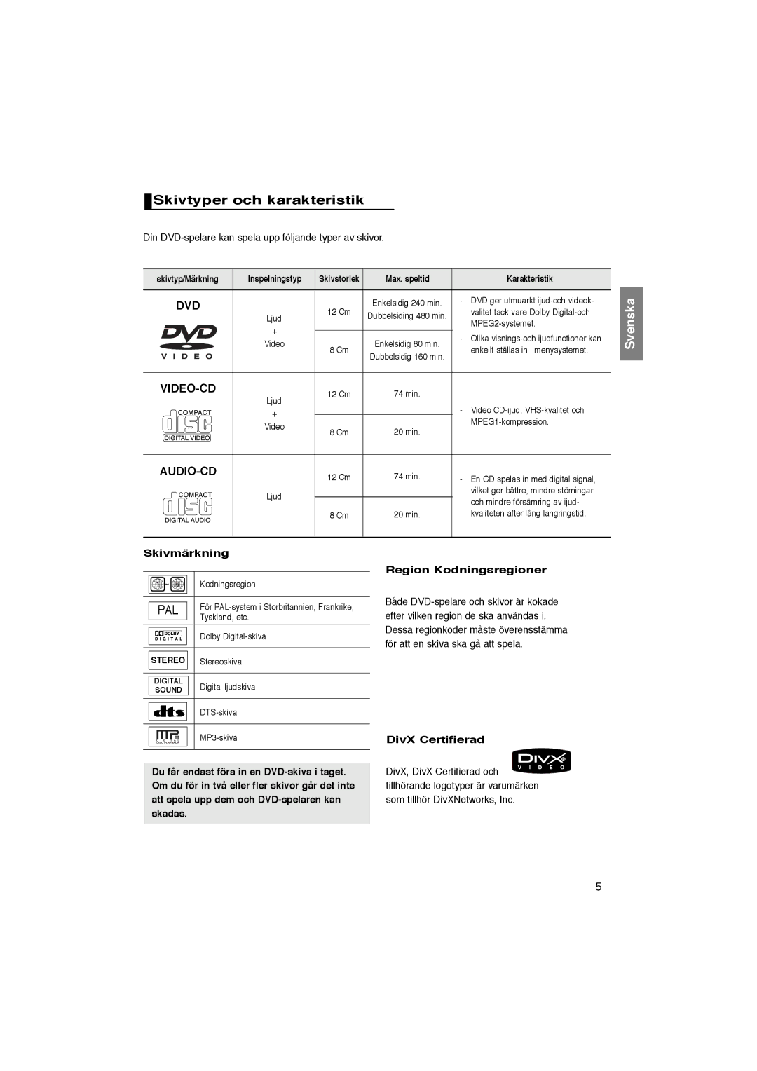 Samsung DVD-P365/XEE Skivtyper och karakteristik, Din DVD-spelare kan spela upp följande typer av skivor, Skivmärkning 