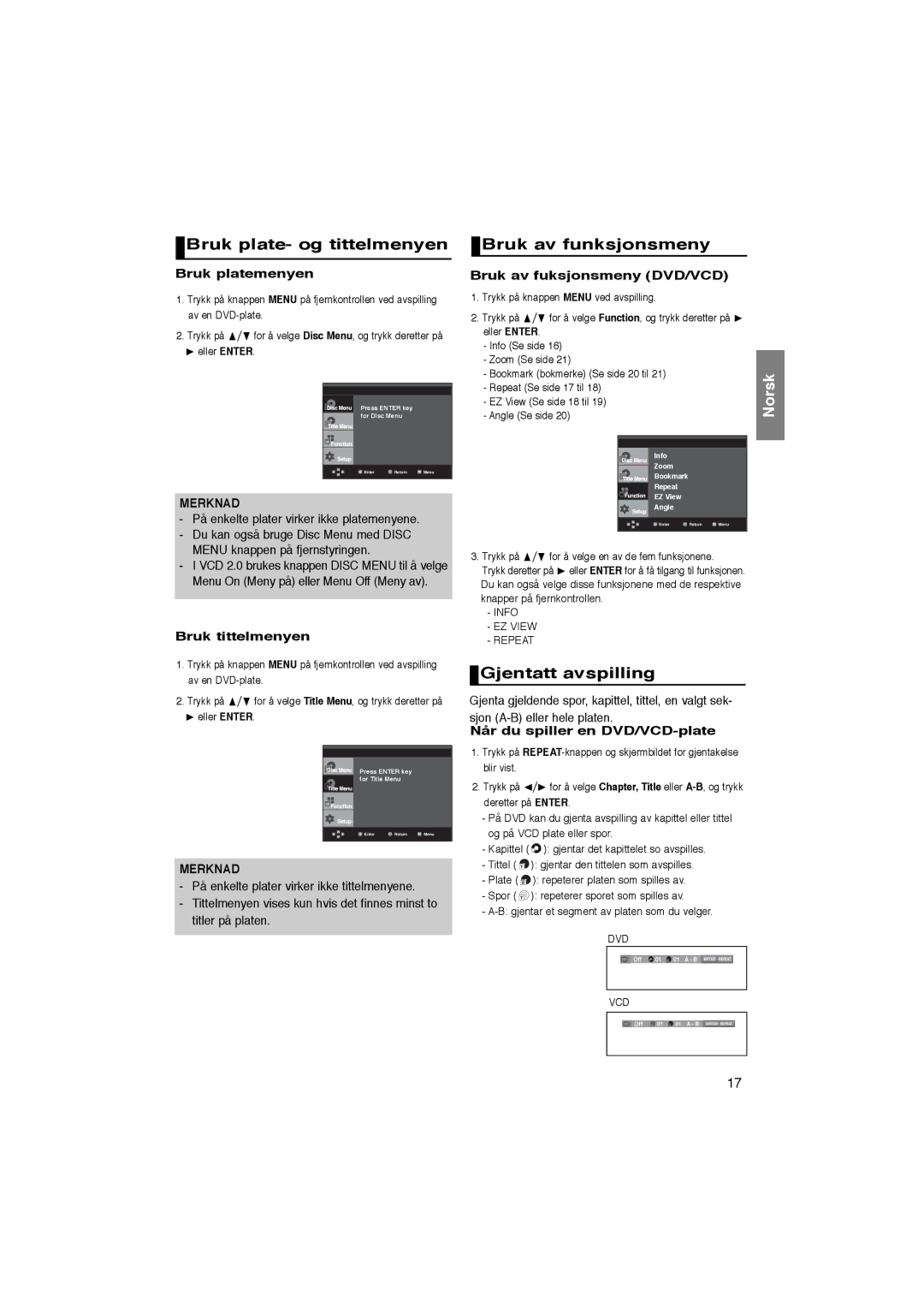 Samsung DVD-P365/XEE manual Bruk plate- og tittelmenyen, Bruk av funksjonsmeny, Gjentatt avspilling 