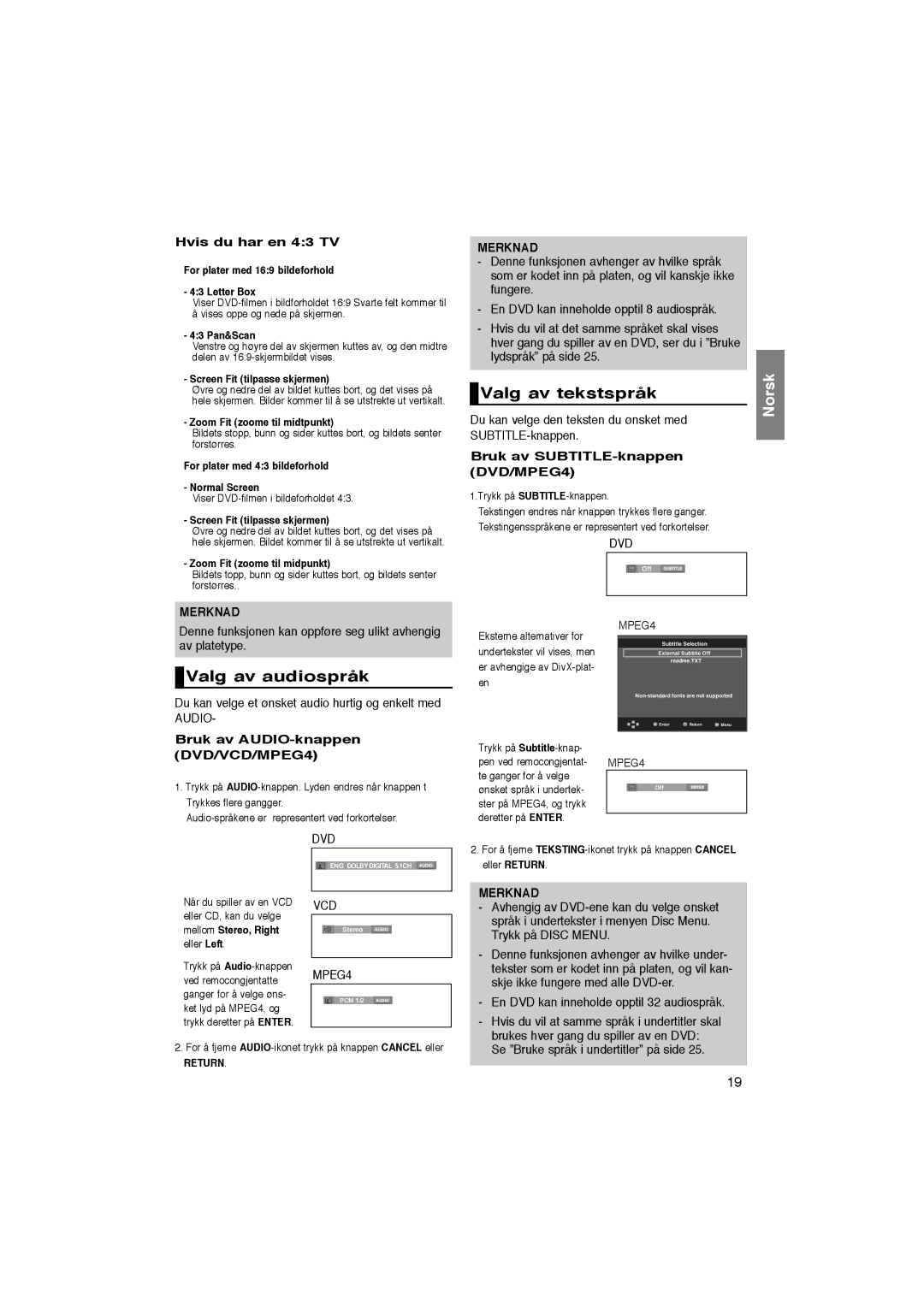 Samsung DVD-P365/XEE Valg av tekstspråk, Valg av audiospråk, Hvis du har en 43 TV, Bruk av SUBTITLE-knappen DVD/MPEG4 