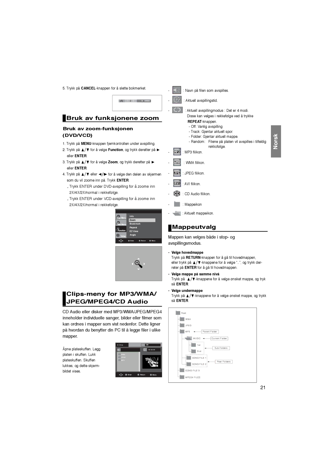 Samsung DVD-P365/XEE manual Bruk av funksjonene zoom, Clips-meny for MP3/WMA/ JPEG/MPEG4/CD Audio, Mappeutvalg 