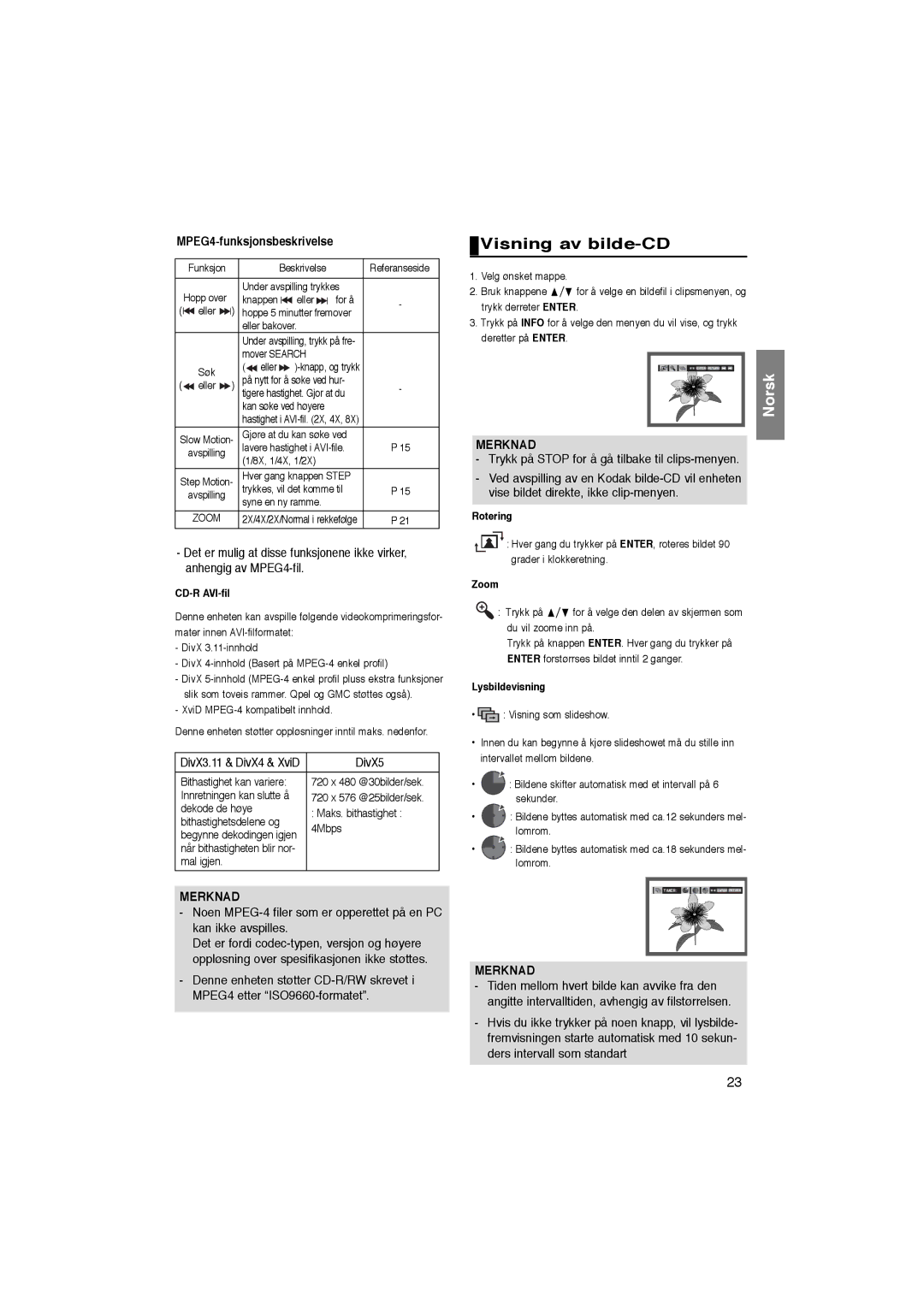 Samsung DVD-P365/XEE manual Visning av bilde-CD, MPEG4-funksjonsbeskrivelse, CD-R AVI-fil, Lysbildevisning 