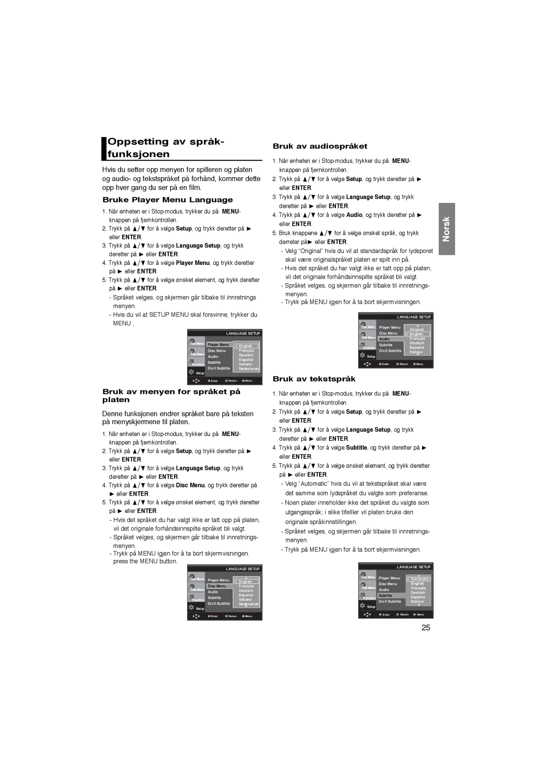 Samsung DVD-P365/XEE Oppsetting av språk- funksjonen, Bruke Player Menu Language, Bruk av menyen for språket på platen 