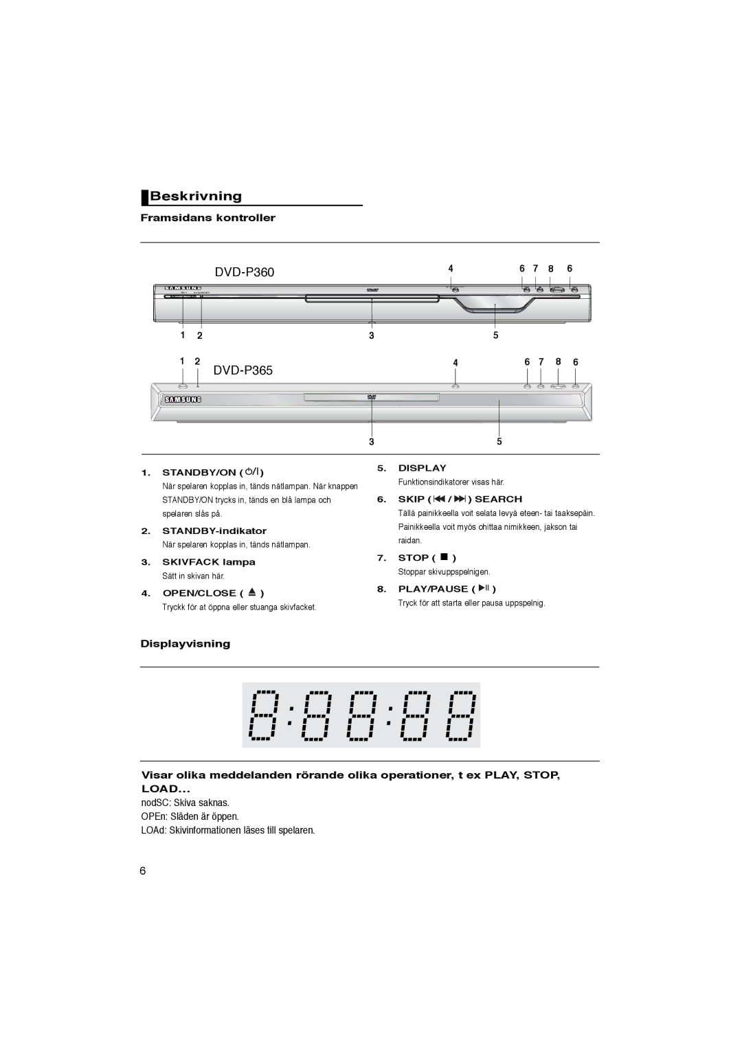 Samsung DVD-P365/XEE manual Beskrivning, DVD-P360, Framsidans kontroller, STANDBY/ON Display 