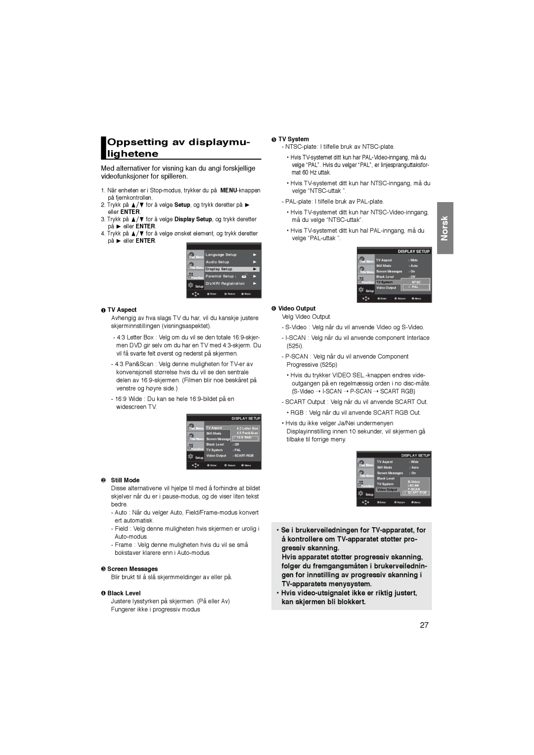 Samsung DVD-P365/XEE manual Oppsetting av displaymu- lighetene, Gressiv skanning, TV-apparatets menysystem 