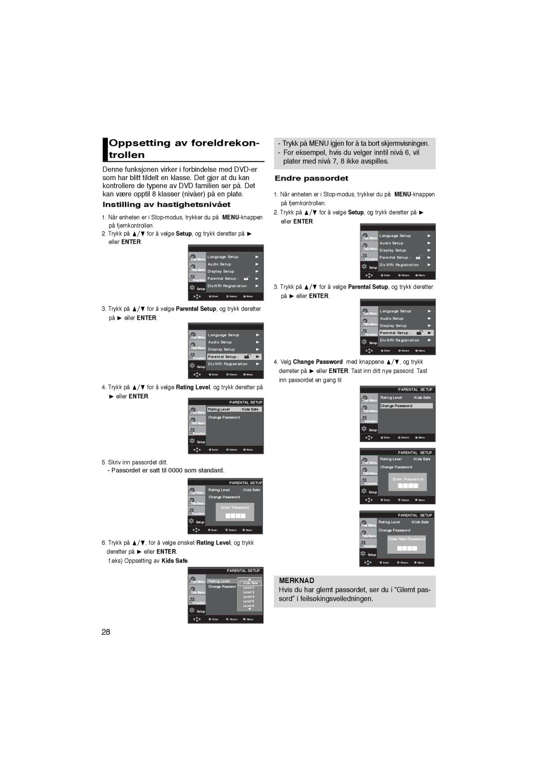 Samsung DVD-P365/XEE manual Oppsetting av foreldrekon- trollen, Instilling av hastighetsnivået, Endre passordet 