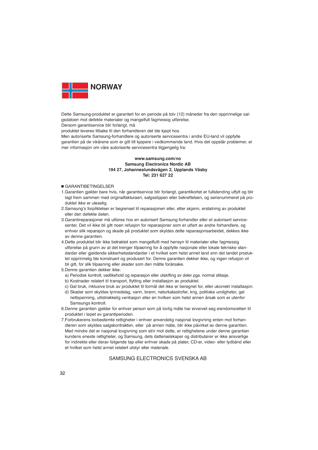 Samsung DVD-P365/XEE manual Norway 