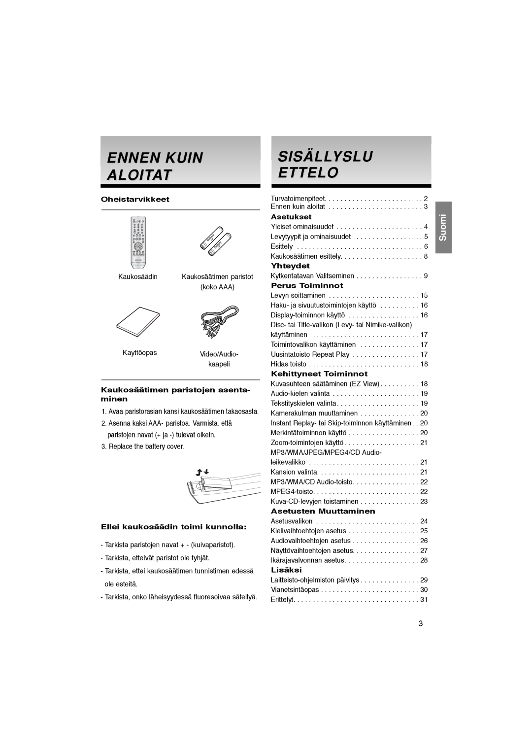 Samsung DVD-P365/XEE manual Ennen Kuin Aloitat, Sisällyslu Ettelo 