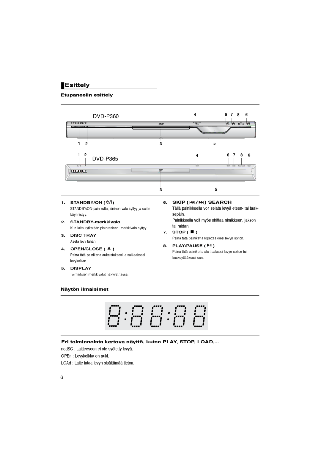 Samsung DVD-P365/XEE manual Esittely, Etupaneelin esittely, Standby/On, STANDBY-merkkivalo 