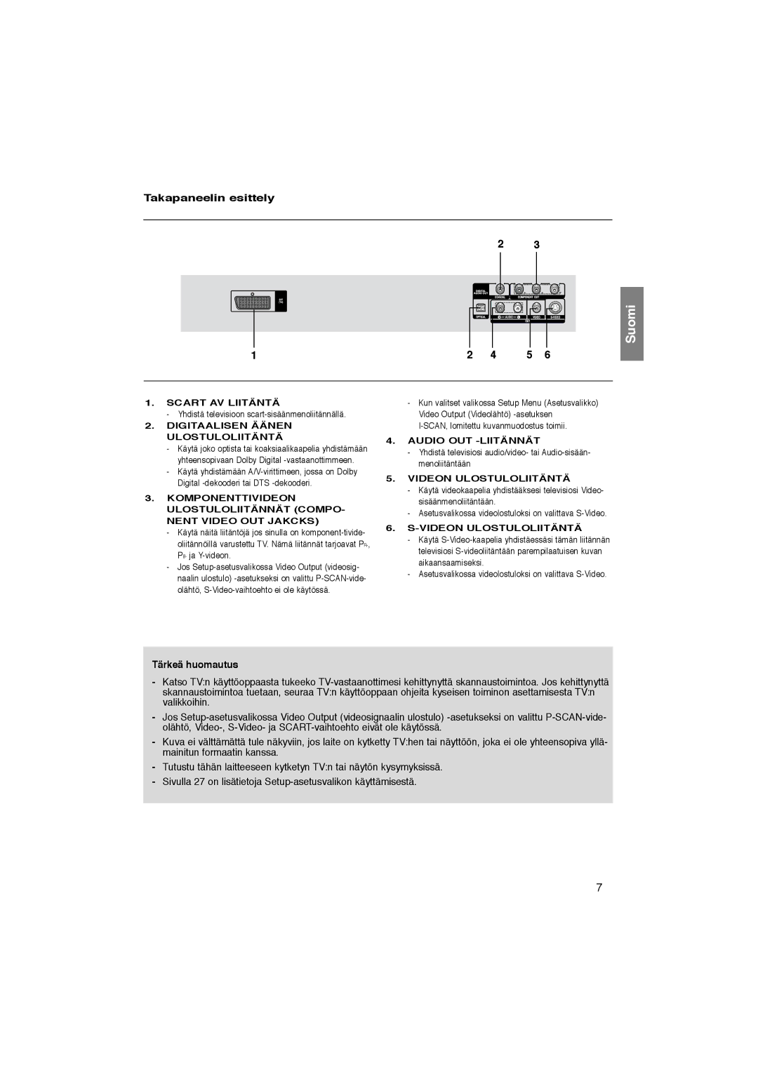 Samsung DVD-P365/XEE manual Takapaneelin esittely, Tärkeä huomautus 