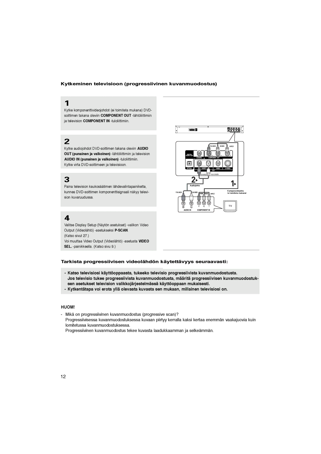 Samsung DVD-P365/XEE manual Kytkeminen televisioon progressiivinen kuvanmuodostus 