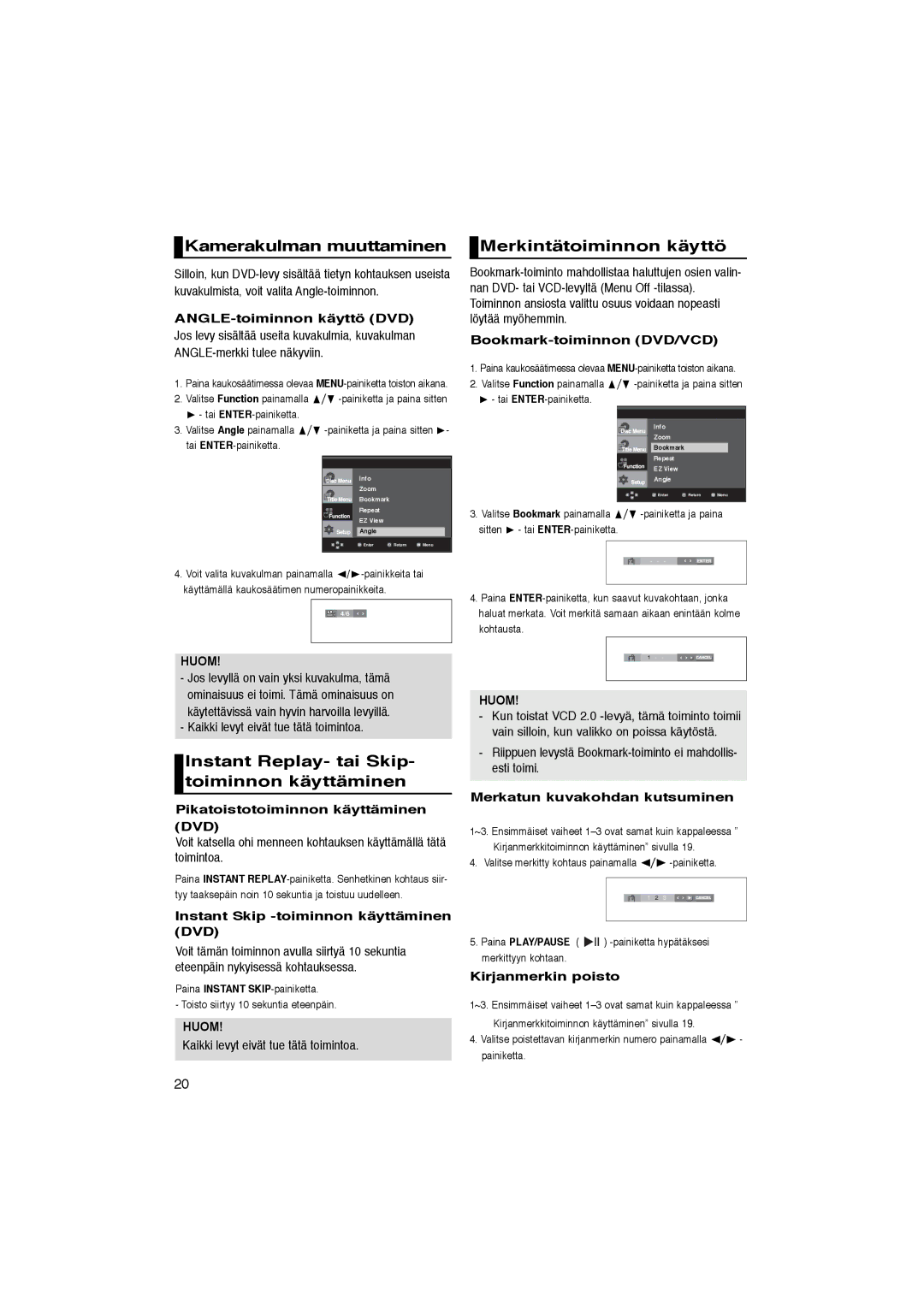 Samsung DVD-P365/XEE Kamerakulman muuttaminen, Merkintätoiminnon käyttö, Instant Replay- tai Skip- toiminnon käyttäminen 