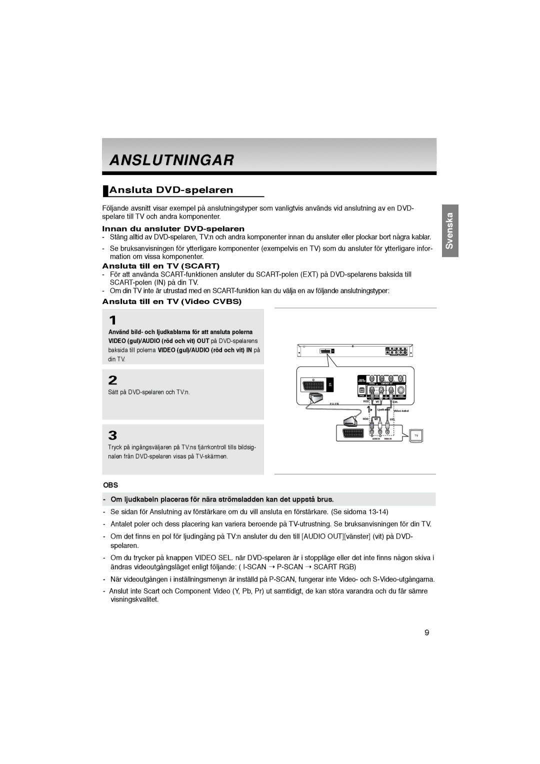 Samsung DVD-P365/XEE manual Anslutningar, Ansluta DVD-spelaren, Innan du ansluter DVD-spelaren, Ansluta till en TV Scart 