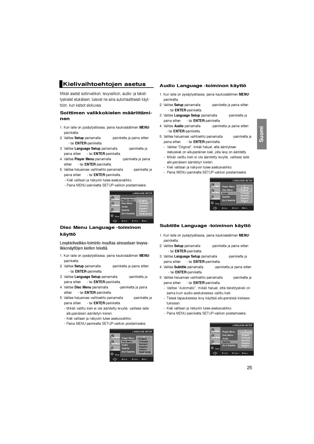 Samsung DVD-P365/XEE Kielivaihtoehtojen asetus, Soittimen valikkokielen määrittämi- nen, Audio Language -toiminon käyttö 