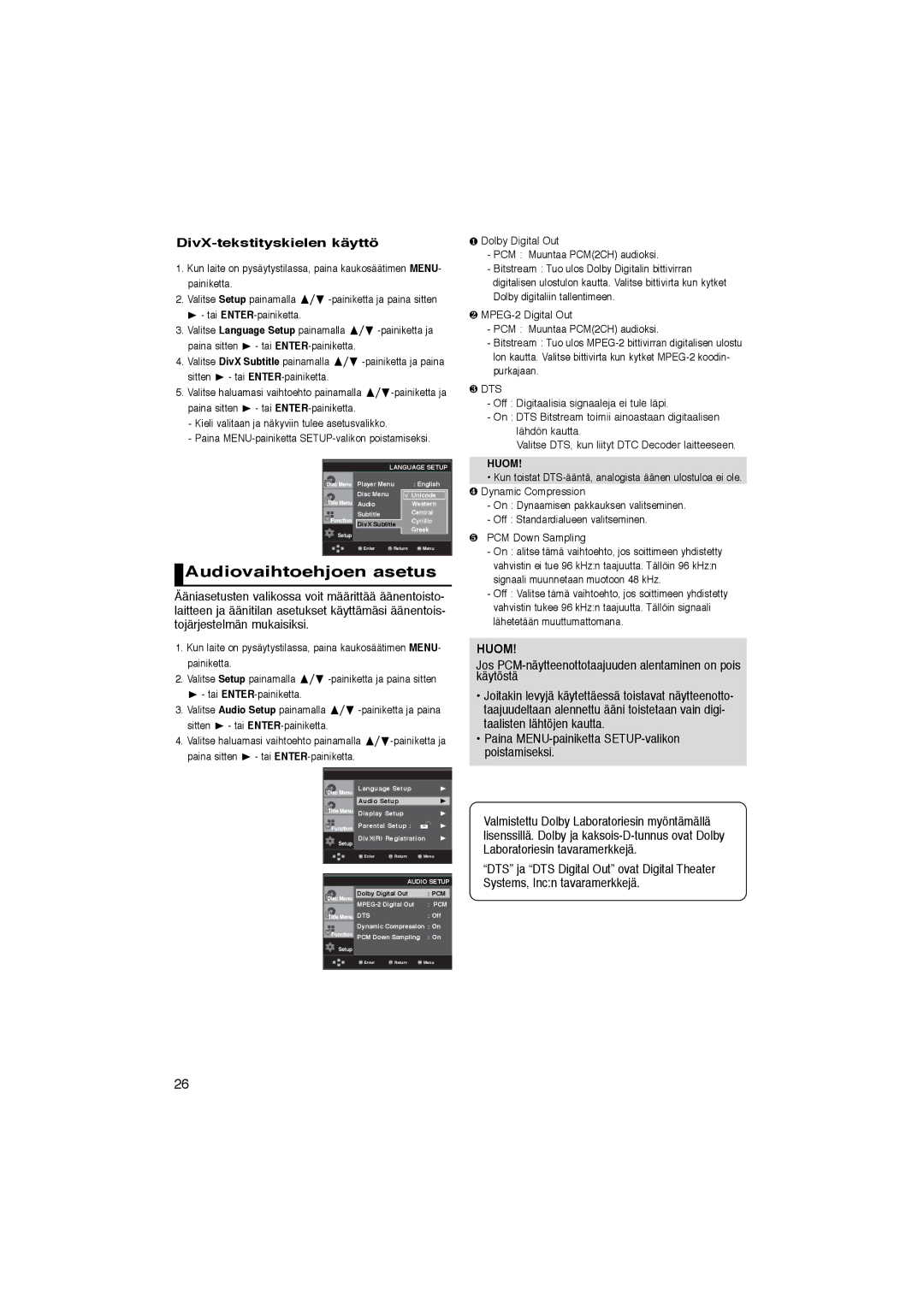 Samsung DVD-P365/XEE manual Audiovaihtoehjoen asetus, DivX-tekstityskielen käyttö,  -painiketta ja paina 