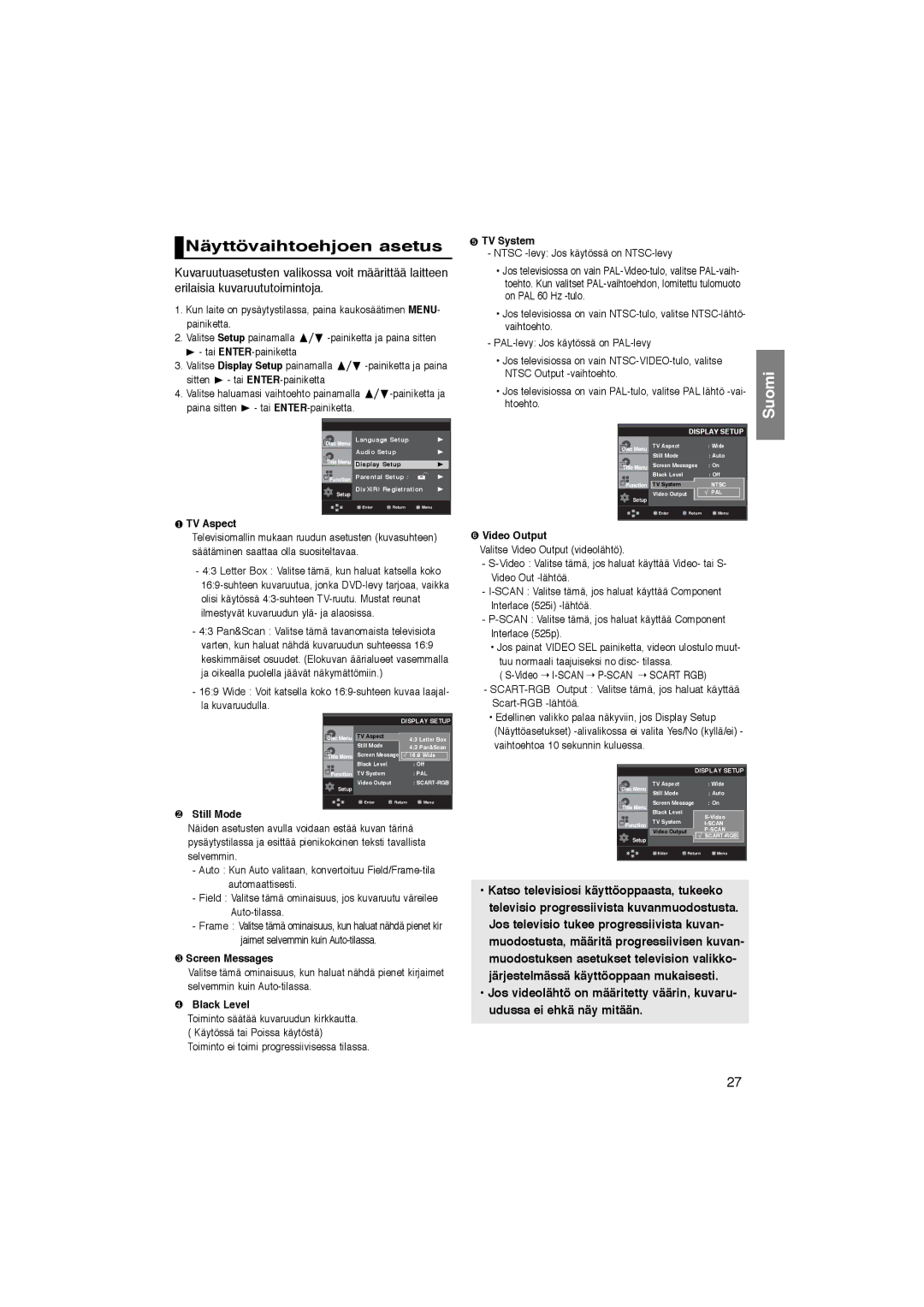 Samsung DVD-P365/XEE manual Näyttövaihtoehjoen asetus 