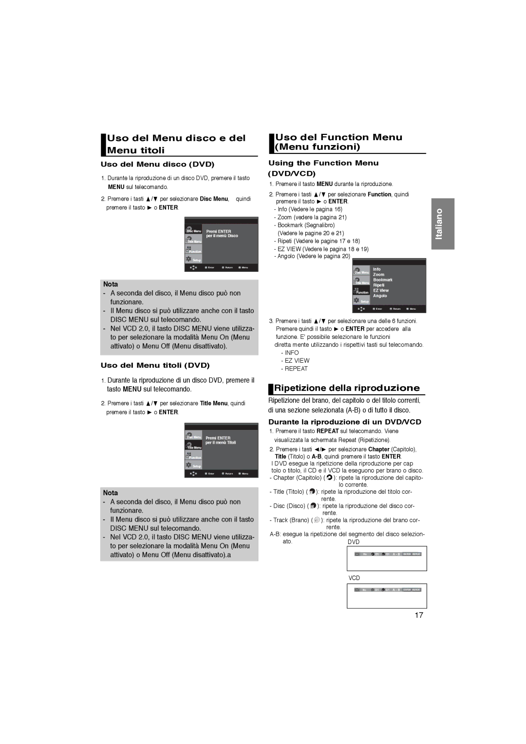 Samsung DVD-P365/XET manual Uso del Menu disco e del Menu titoli, Uso del Function Menu Menu funzioni 