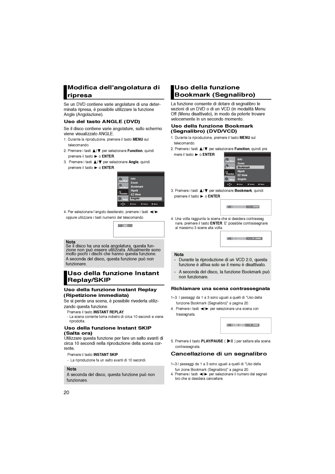 Samsung DVD-P365/XET manual Modifica dellangolatura di ripresa, Uso della funzione Bookmark Segnalibro 