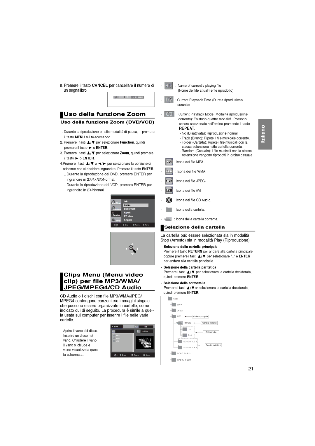 Samsung DVD-P365/XET manual Uso della funzione Zoom DVD/VCD, Selezione della cartella principale 