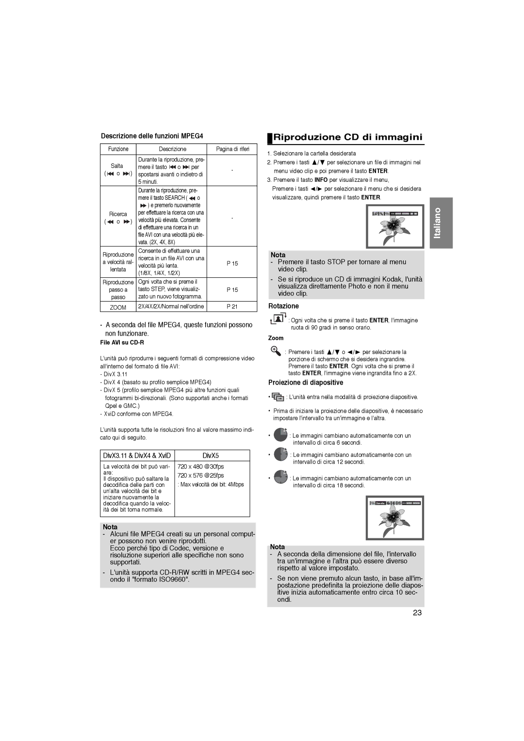 Samsung DVD-P365/XET manual Riproduzione CD di immagini, Descrizione delle funzioni MPEG4, DivX5, Rotazione 