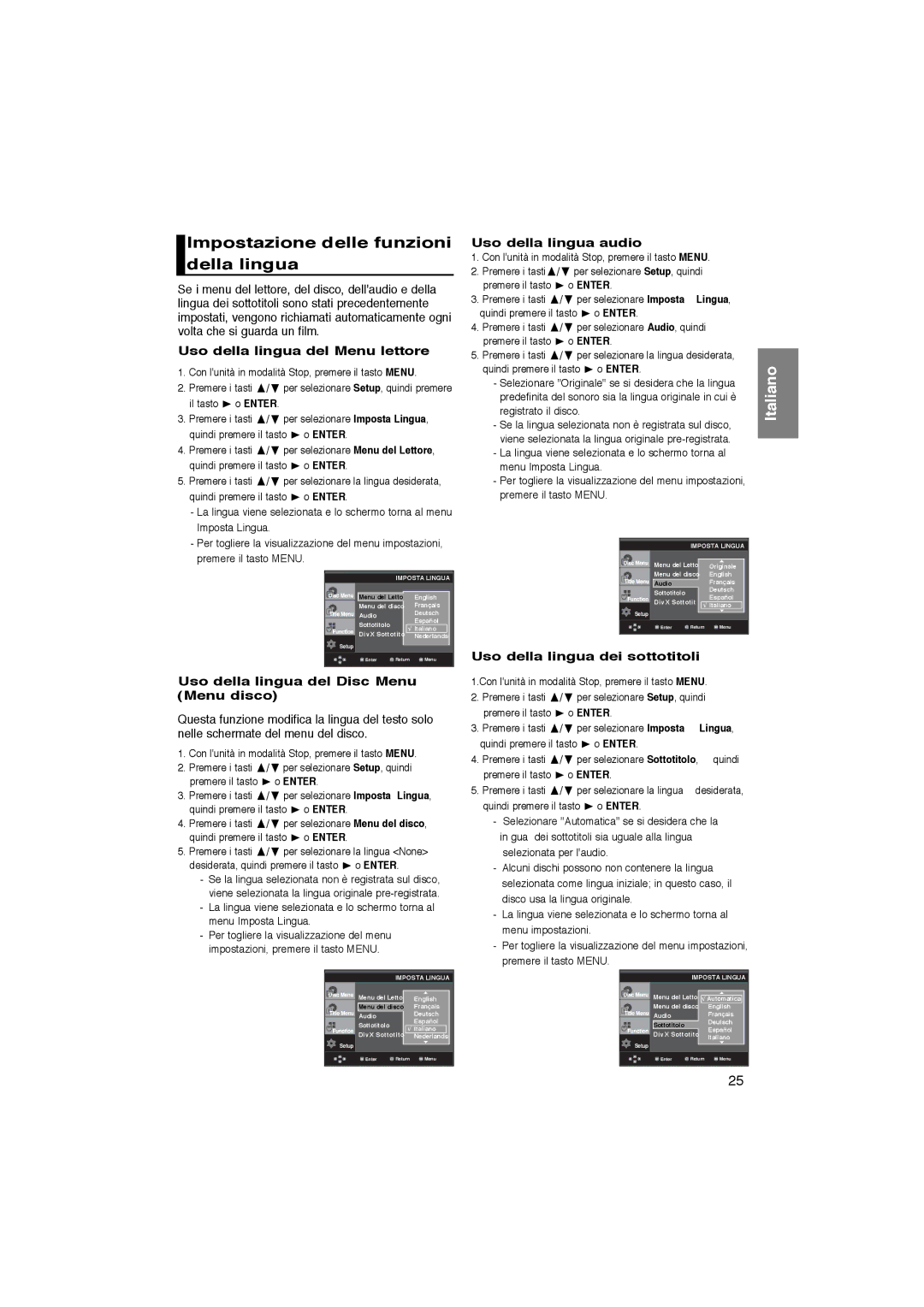 Samsung DVD-P365/XET Impostazione delle funzioni della lingua, Uso della lingua del Menu lettore, Uso della lingua audio 