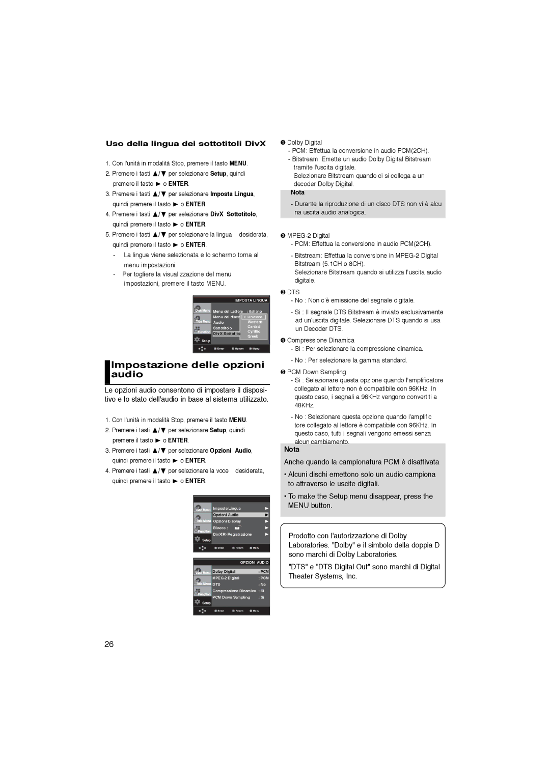 Samsung DVD-P365/XET manual Impostazione delle opzioni audio, Uso della lingua dei sottotitoli DivX, Nota 