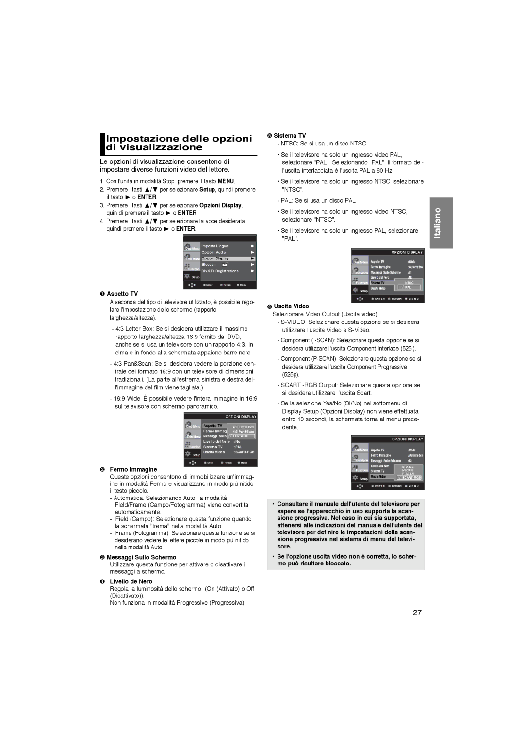 Samsung DVD-P365/XET manual Impostazione delle opzioni di visualizzazione 