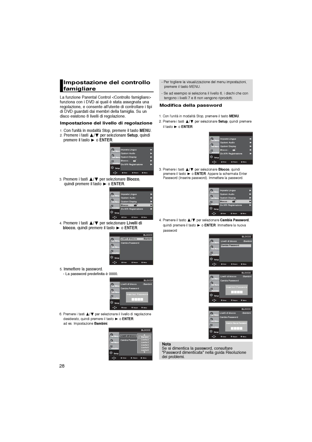 Samsung DVD-P365/XET Impostazione del controllo famigliare, Impostazione del livello di regolazione, Immettere la password 