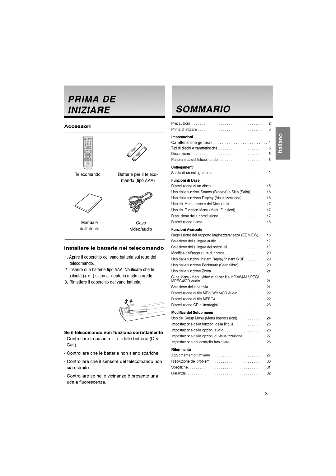 Samsung DVD-P365/XET manual Prima DE Iniziare, Sommario, Accessori, Installare le batterie nel telecomando 