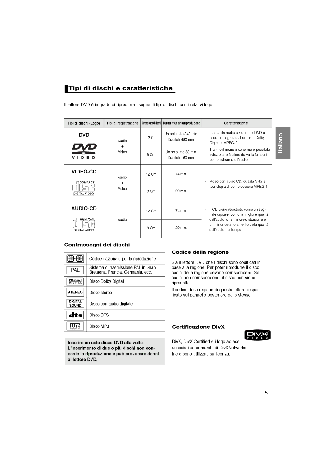 Samsung DVD-P365/XET manual Tipi di dischi e caratteristiche, Contrassegni dei dischi, Certificazione DivX 