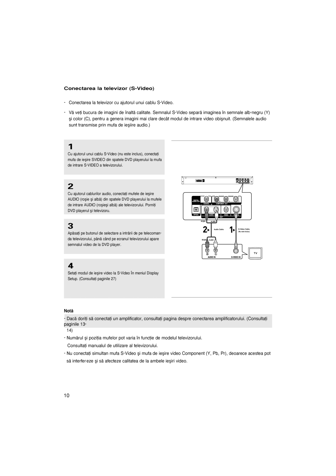 Samsung DVD-P370/EUR, DVD-P370/AUS, DVD-P370/XEC manual Conectarea la televizor S-Video, Not 