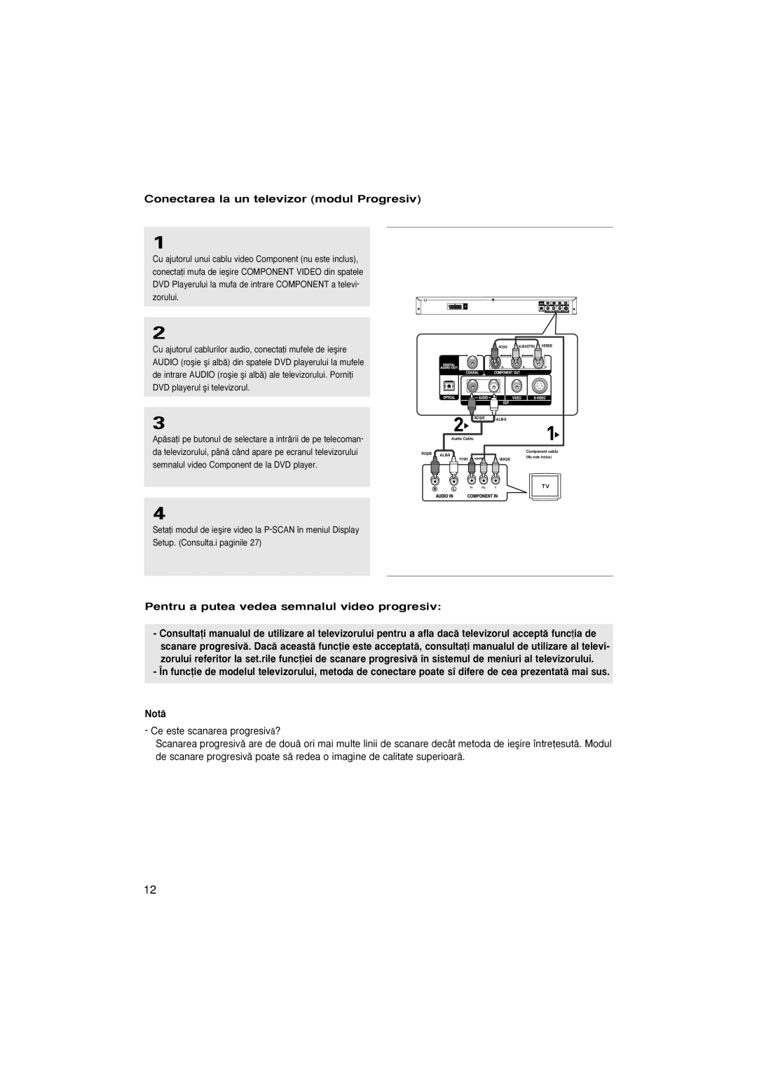 Samsung DVD-P370/XEC manual Conectarea la un televizor modul Progresiv, Pentru a putea vedea semnalul video progresiv 