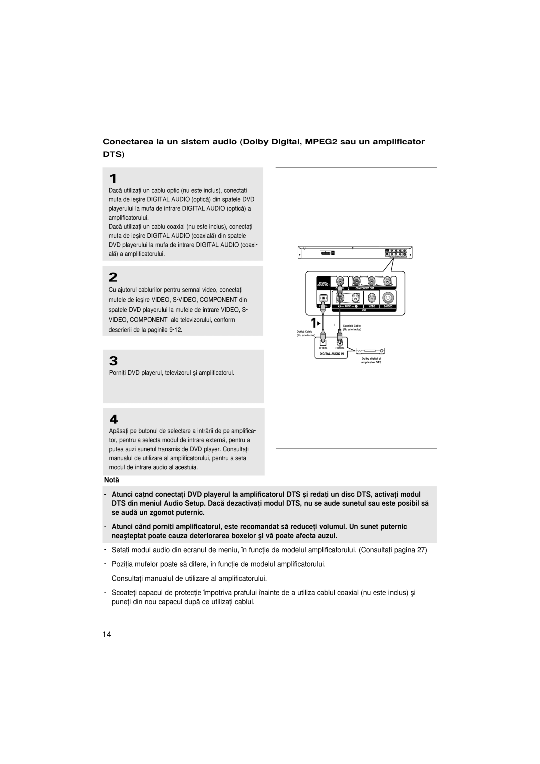 Samsung DVD-P370/AUS, DVD-P370/XEC, DVD-P370/EUR manual Dts, Pornii DVD playerul, televizorul ≥i amplificatorul 