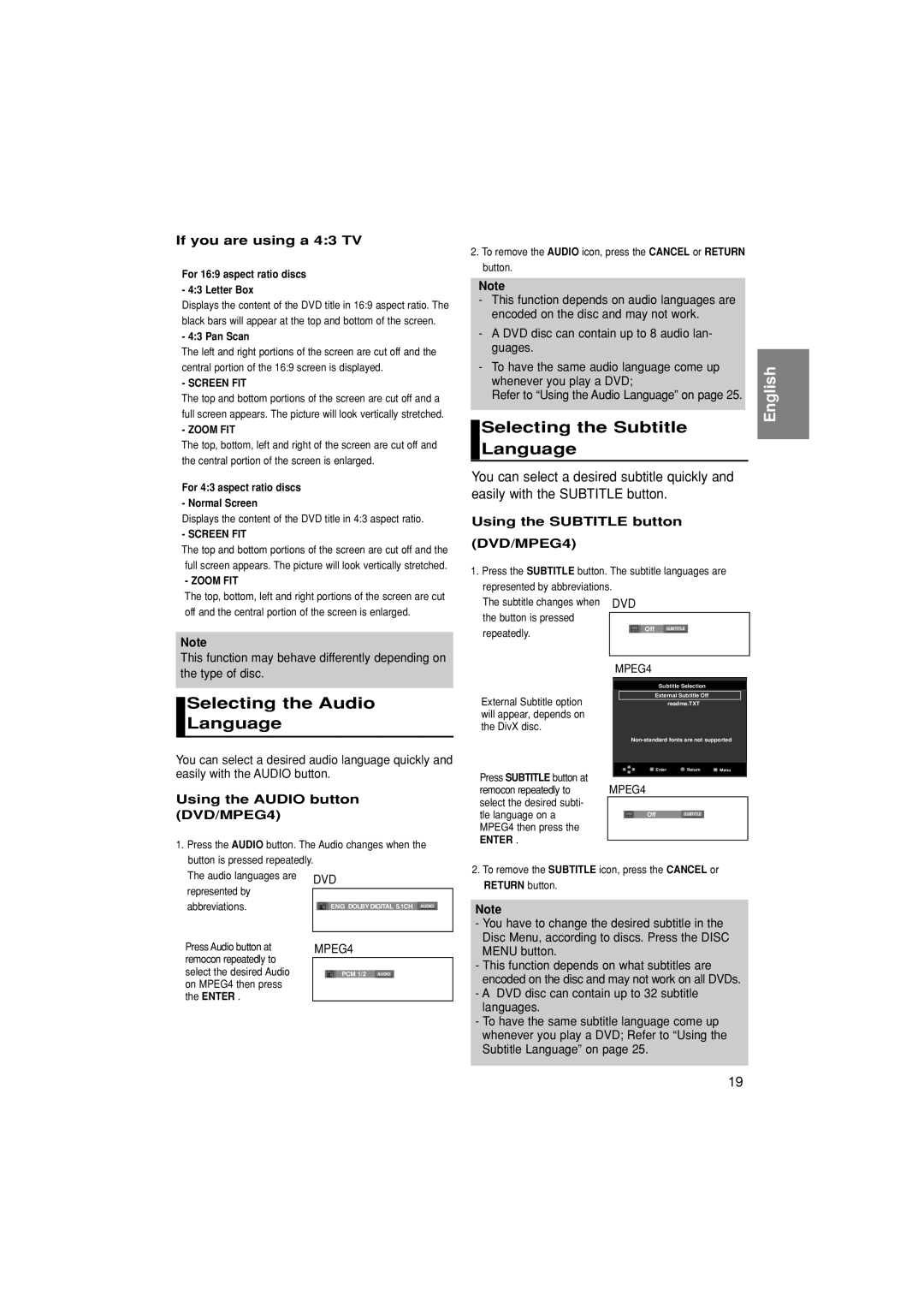 Samsung DVD-P370/XEC, DVD-P370/AUS Selecting the Subtitle Language, Selecting the Audio Language, If you are using a 43 TV 