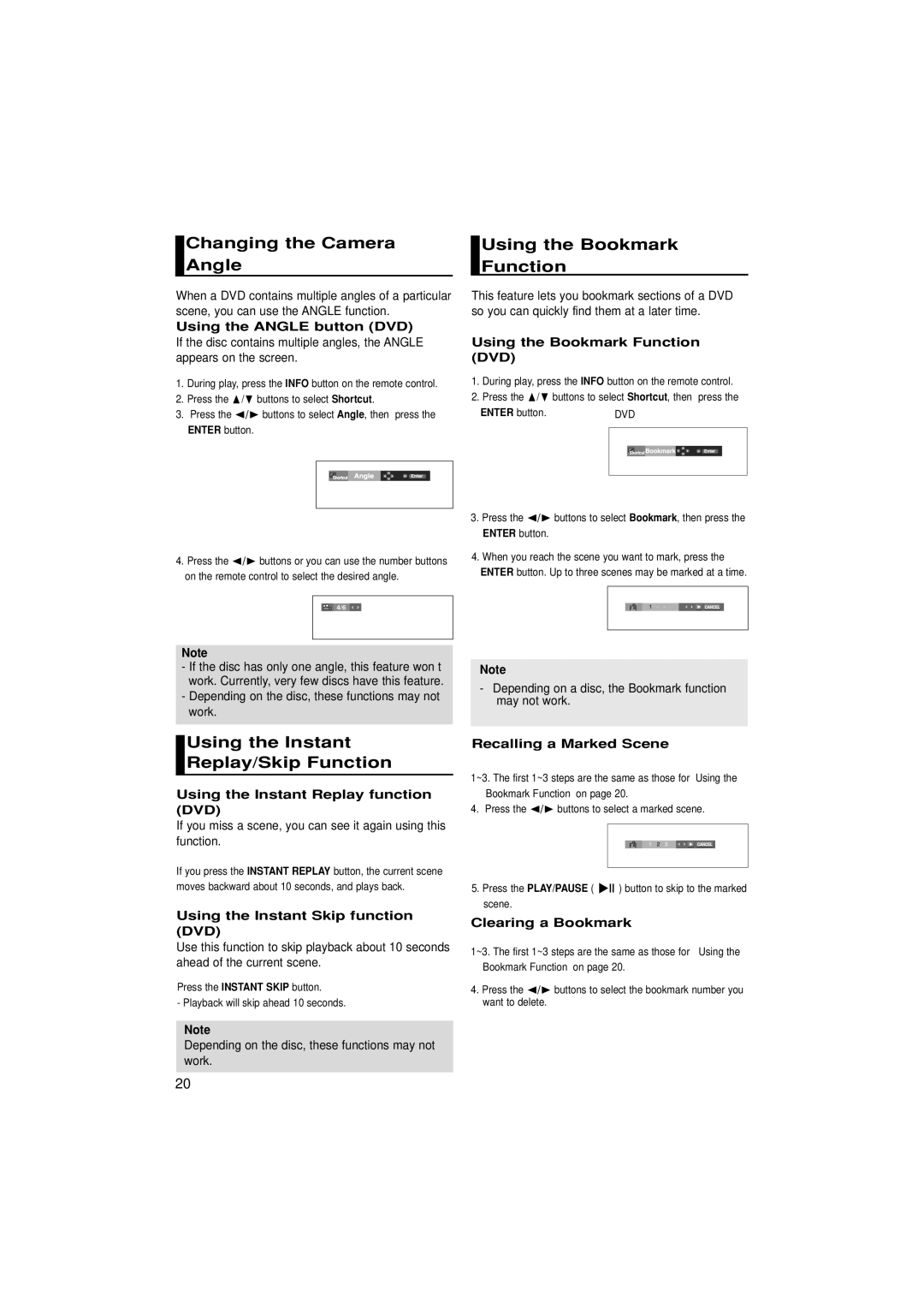 Samsung DVD-P370/EUR manual Changing the Camera Angle, Using the Bookmark Function, Using the Instant Replay/Skip Function 