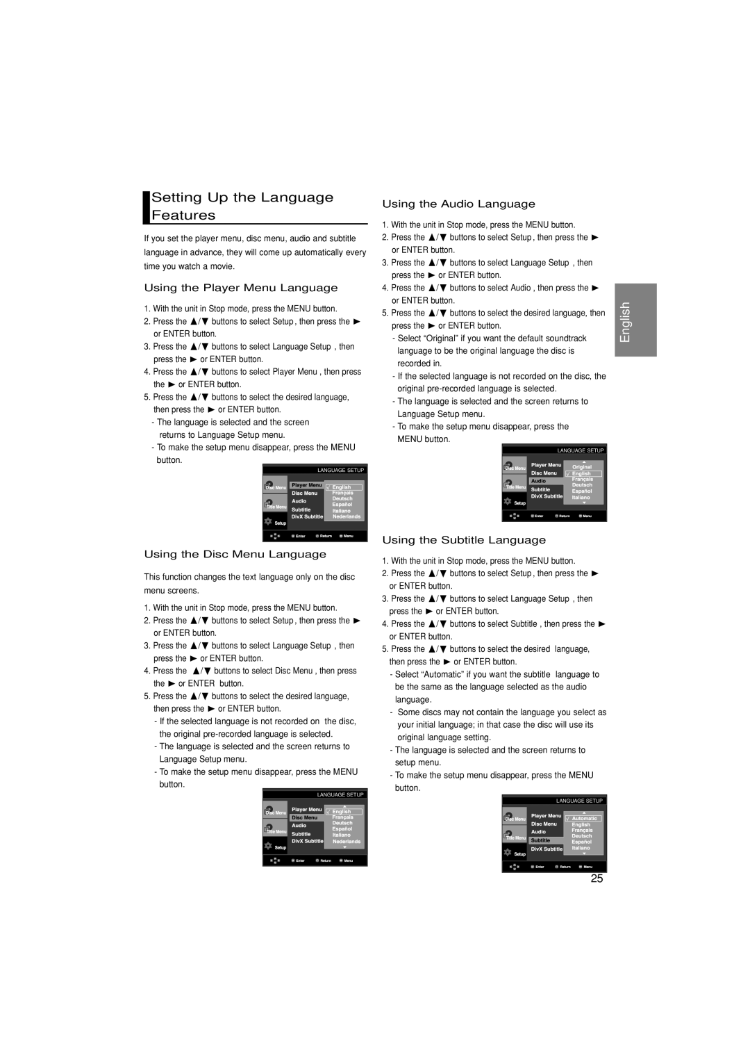 Samsung DVD-P370/XEC manual Setting Up the Language Features, Using the Player Menu Language, Using the Disc Menu Language 