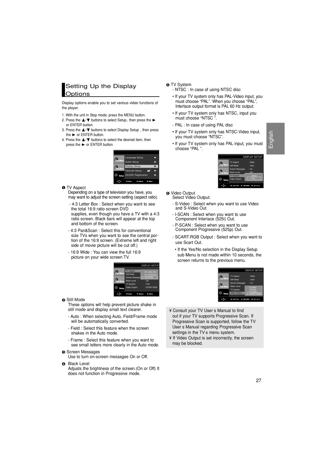 Samsung DVD-P370/AUS, DVD-P370/XEC, DVD-P370/EUR manual Setting Up the Display Options 