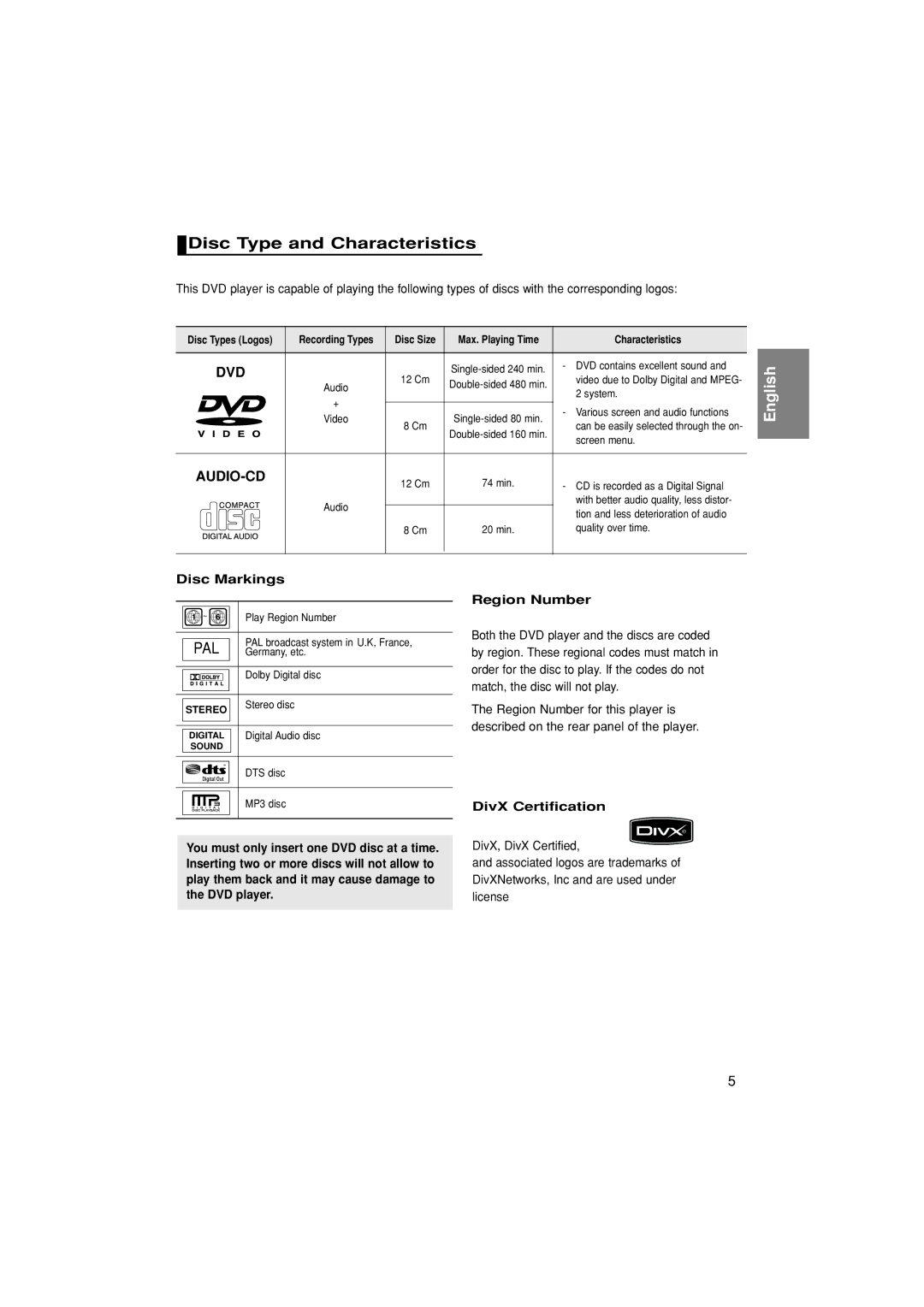 Samsung DVD-P370/EUR, DVD-P370/AUS, DVD-P370/XEC manual Disc Type and Characteristics, Disc Markings, DivX Certification 