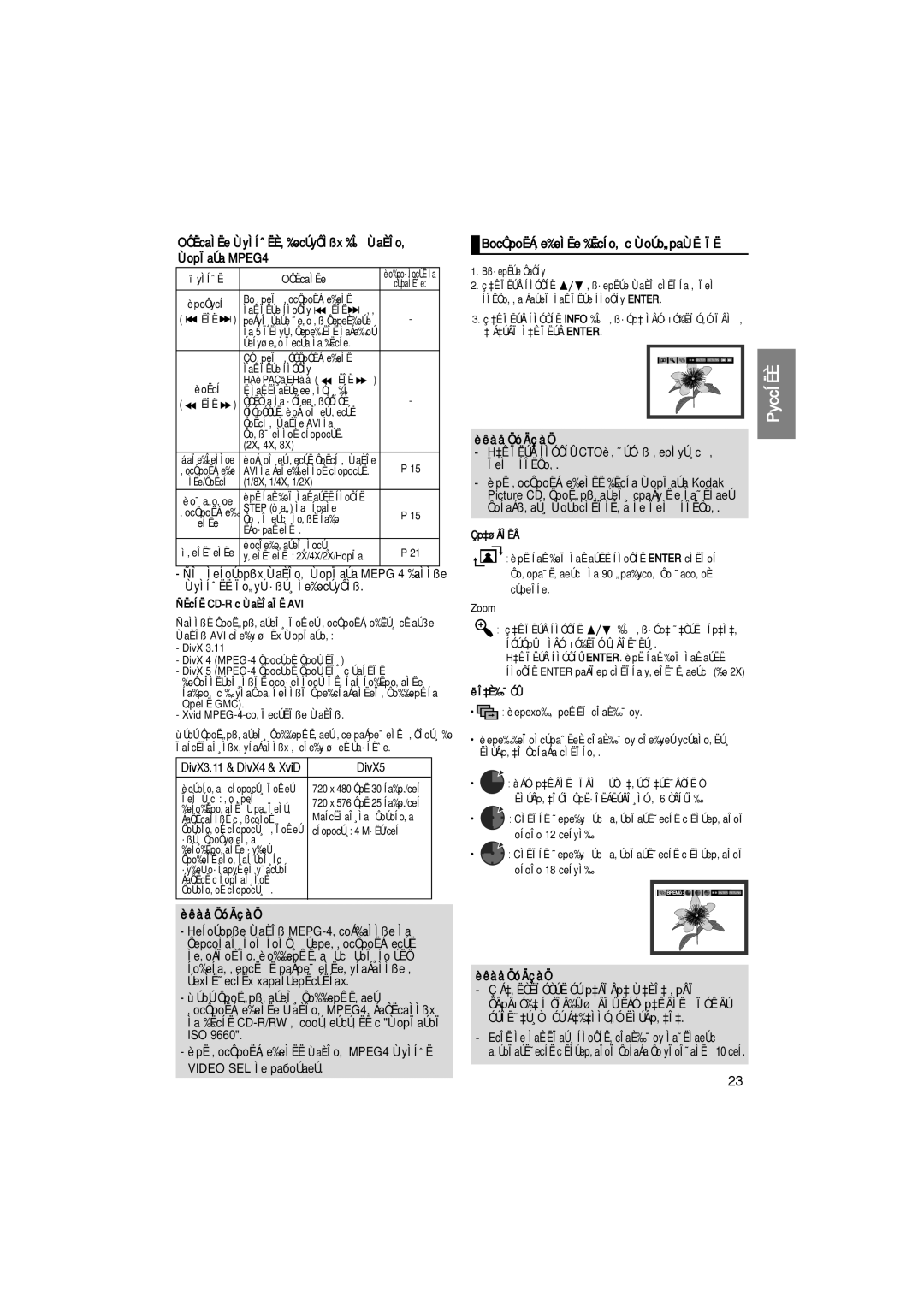 Samsung DVD-P375KD/NWT manual OÔËcaÌËe ÙyÌÍˆËÈ, ‰ocÚyÔÌ˚x ‰Îﬂ ÙaÈÎo‚ ÙopÏaÚa MPEG4, BocÔpoËÁ‚e‰eÌËe ‰ËcÍo‚ c ÙoÚo„paÙËﬂÏË 