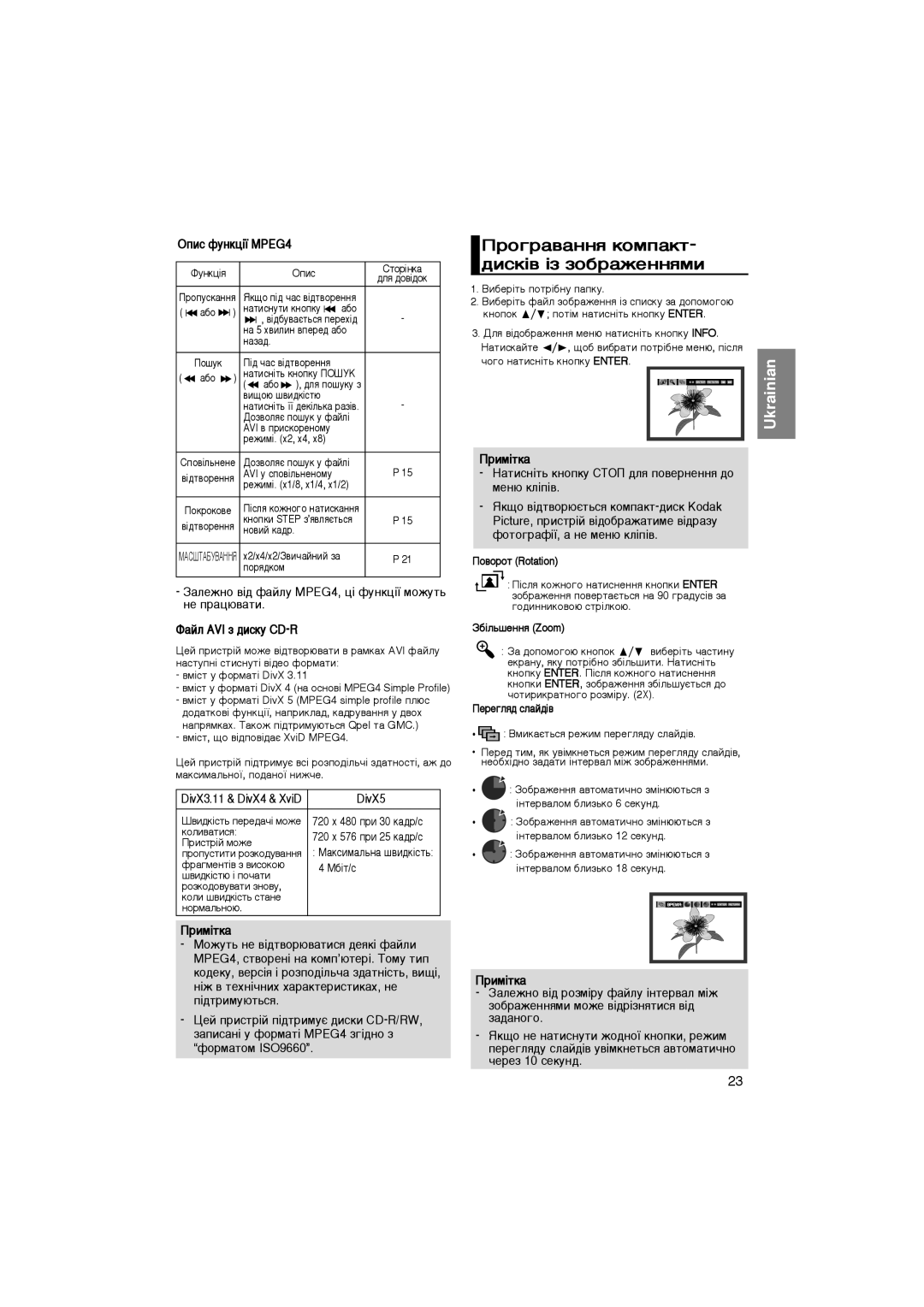 Samsung DVD-P370K/NWT manual Ó„‡‚‡ÌÌﬂ ÍÓÏÔ‡ÍÚ- ‰ËÒÍ¥‚ ¥Á ÁÓ·‡ÊÂÌÌﬂÏË, ÉÔËÒ ÙÛÌÍˆ¥ª MPEG4, DivX5, ·¥Î¸¯ÂÌÌﬂ Zoom 