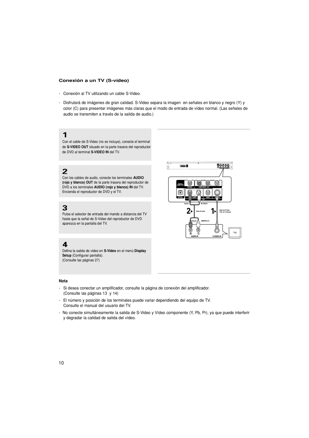 Samsung DVD-P370/XEC, DVD-P370/EUR manual Conexión a un TV S-vídeo, Nota 