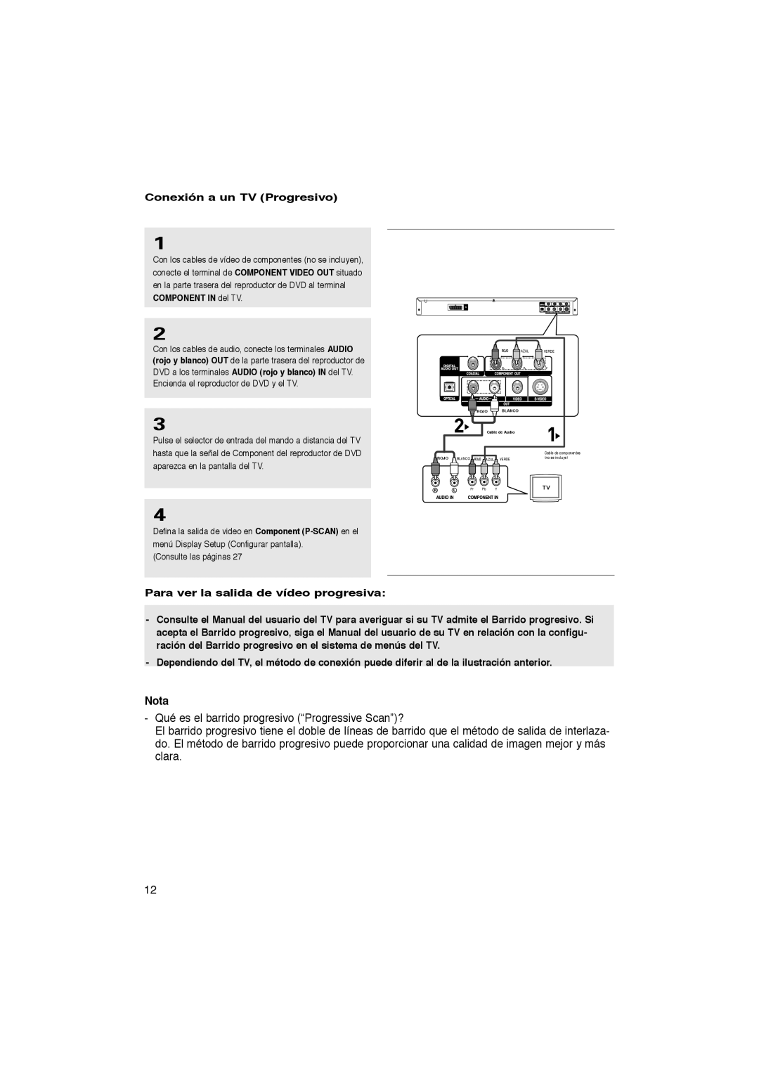 Samsung DVD-P370/XEC, DVD-P370/EUR manual Nota, Conexión a un TV Progresivo 