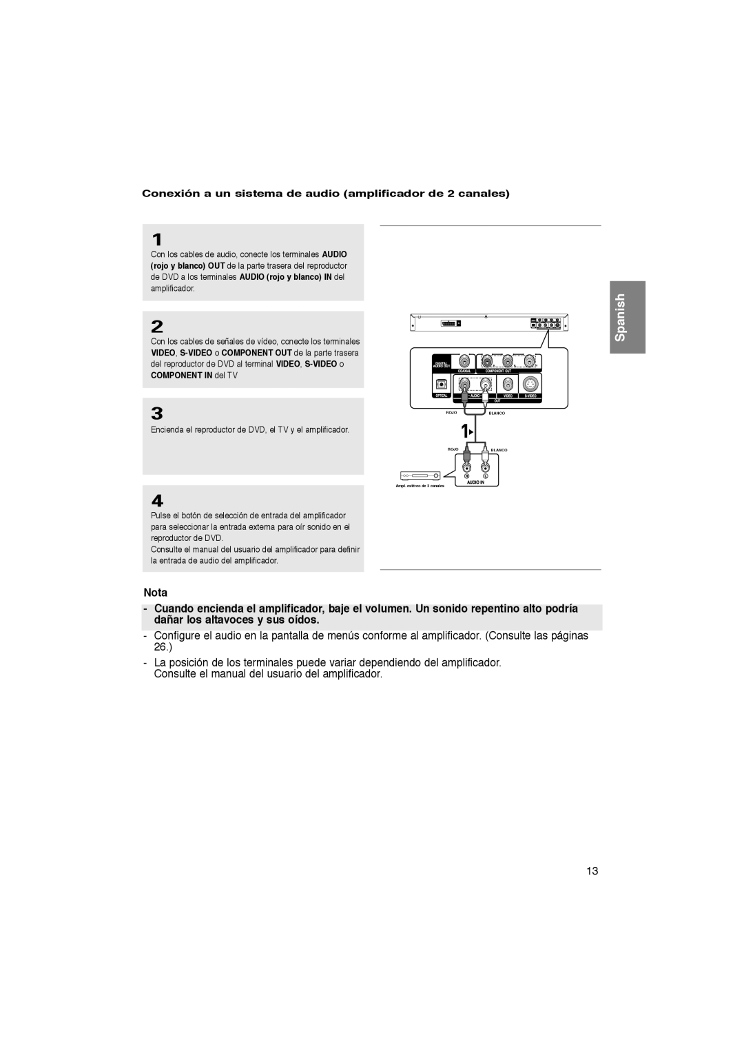 Samsung DVD-P370/EUR, DVD-P370/XEC manual Conexión a un sistema de audio amplificador de 2 canales 