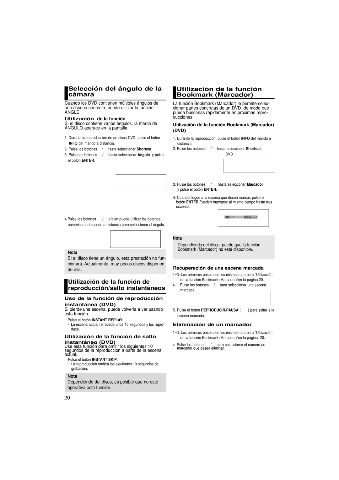 Samsung DVD-P370/XEC, DVD-P370/EUR manual Selección del ángulo de la cámara, Utilización de la función Bookmark Marcador 